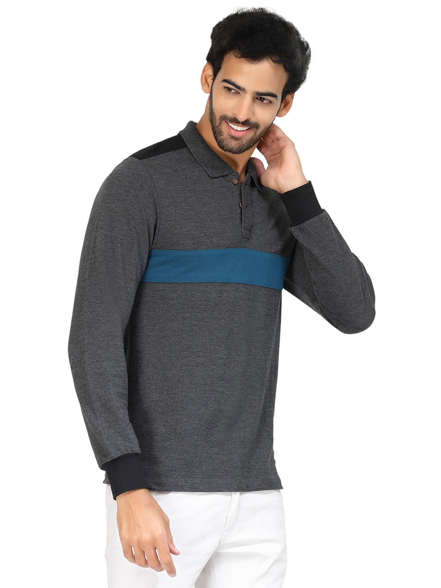 Kalt Dark Grey & Teal Regular Fit Polo T-Shirt