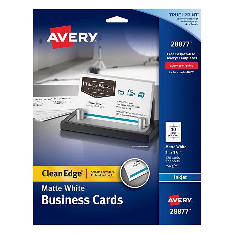 TwoSide Printable Clean Edge Business Cards for Inkjet Printers White Matte Pack of 120 28877