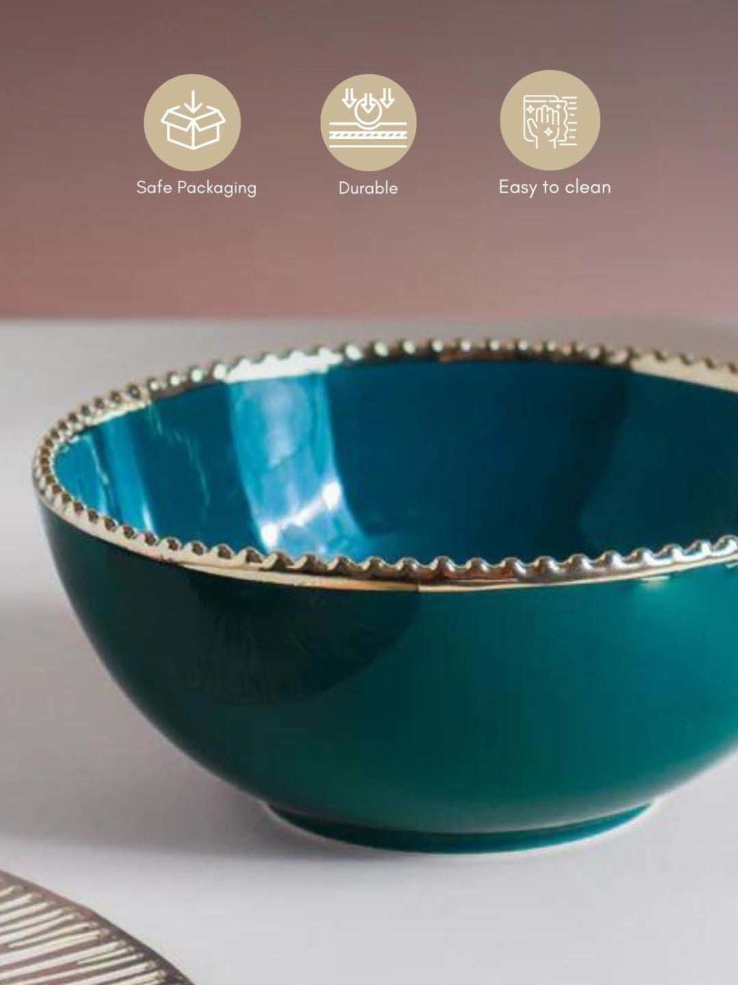 Nestasia Premium Quality Ceramic Green Glossy Serving Bowl With Golden Textured Rim (800 ml)