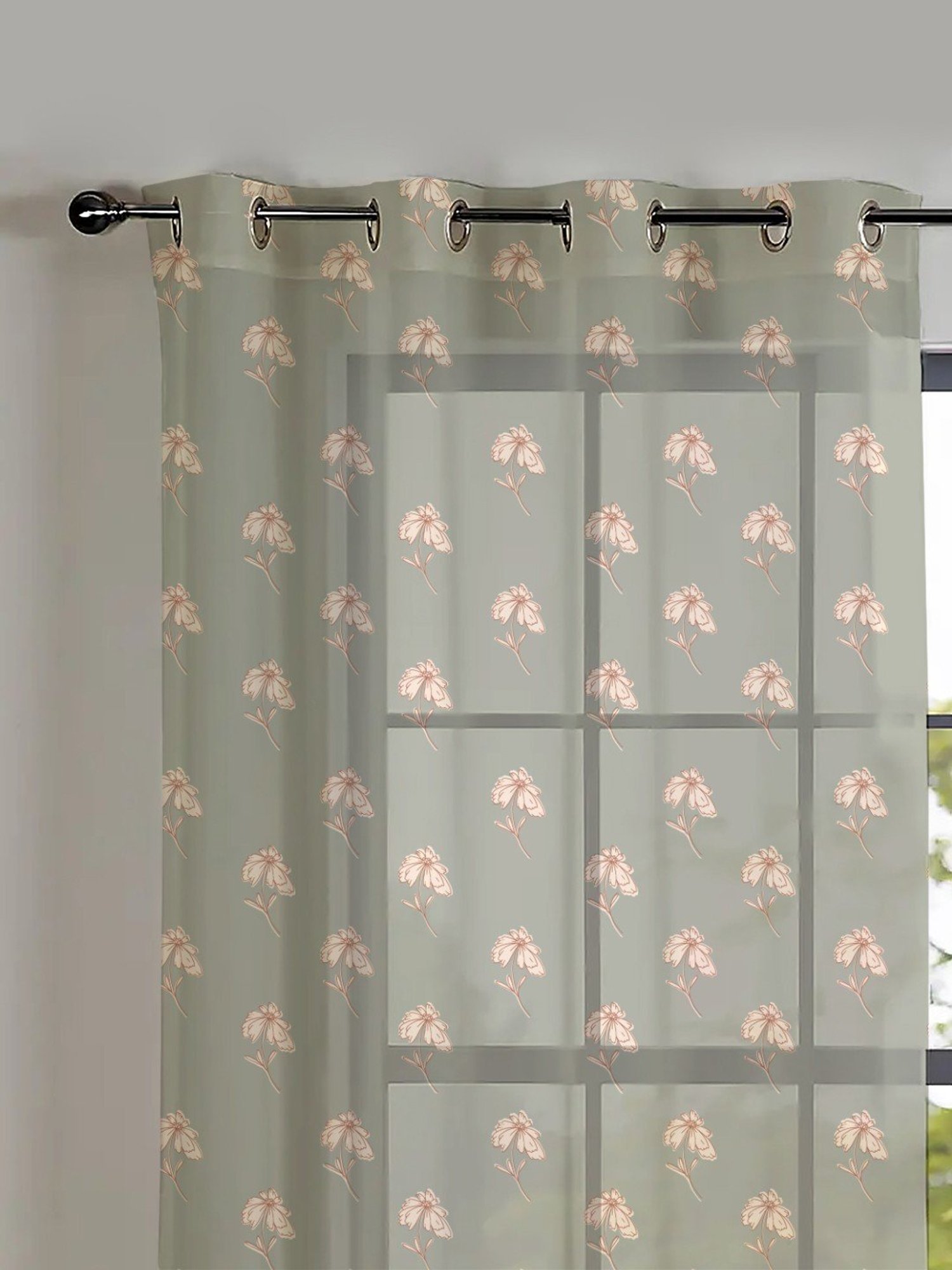 SPACES DRAPE STORY Boho Floral Green Polyester 5 ft Sheer Window Curtains - Set of 2