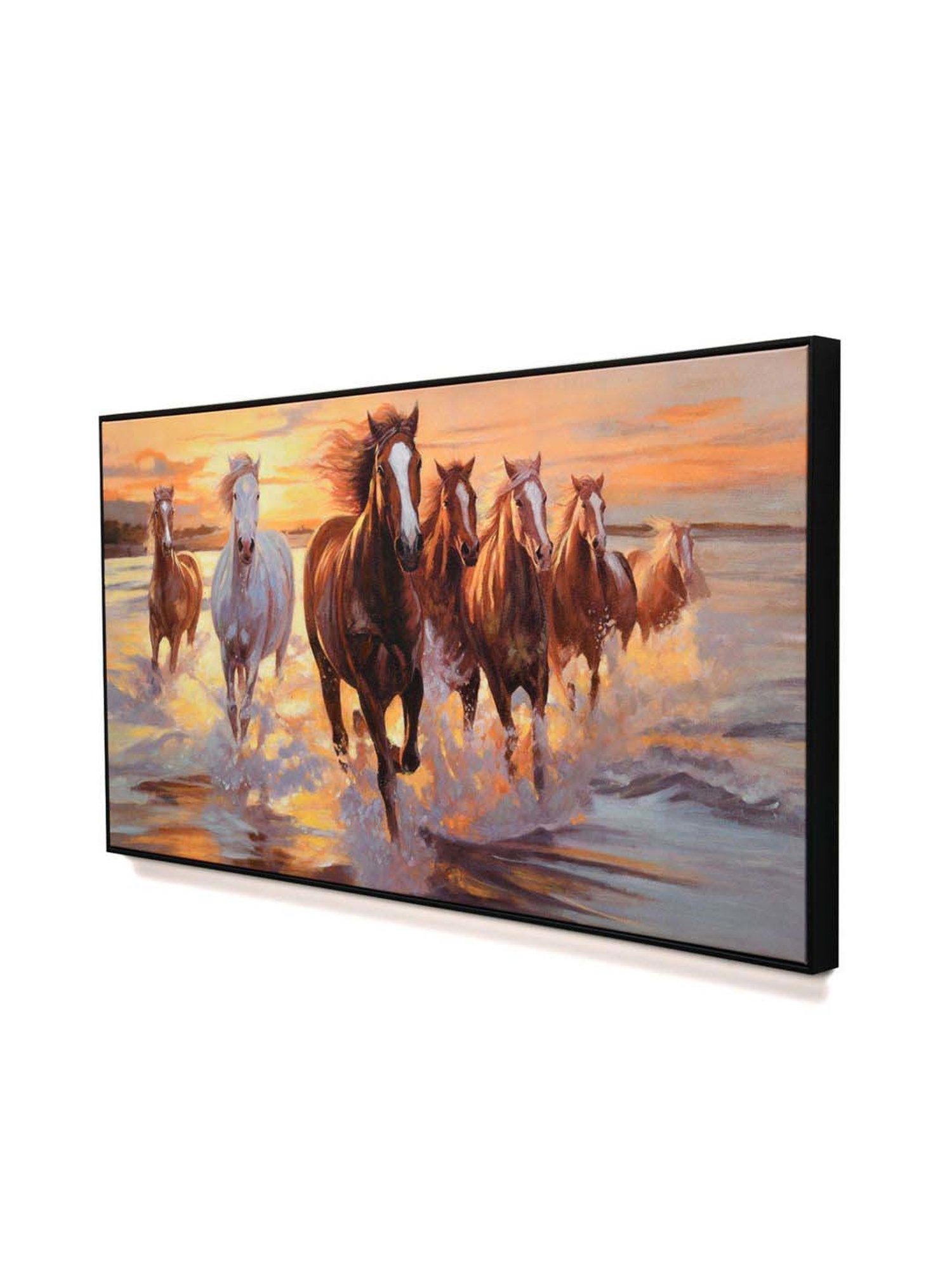 @home Brown Canvas Seven Horses On Water Wall Painting