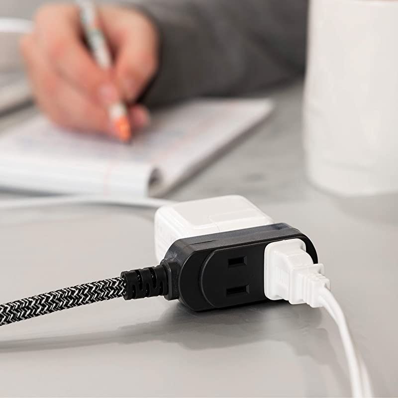 42841T1 Designer 3 Extension 2 Prong Strip Extra Long 8 Ft Power Flat Plug Fabric Braided Cord SlidetoClose Safety Outlets 42841 8 ft BlackGray 8 ft