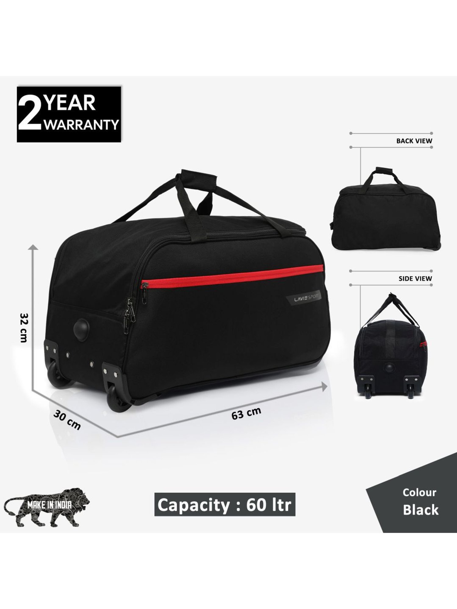 Lavie Sport Large Size 63 Cms Lino Wheel Duffle Bag | (Black)