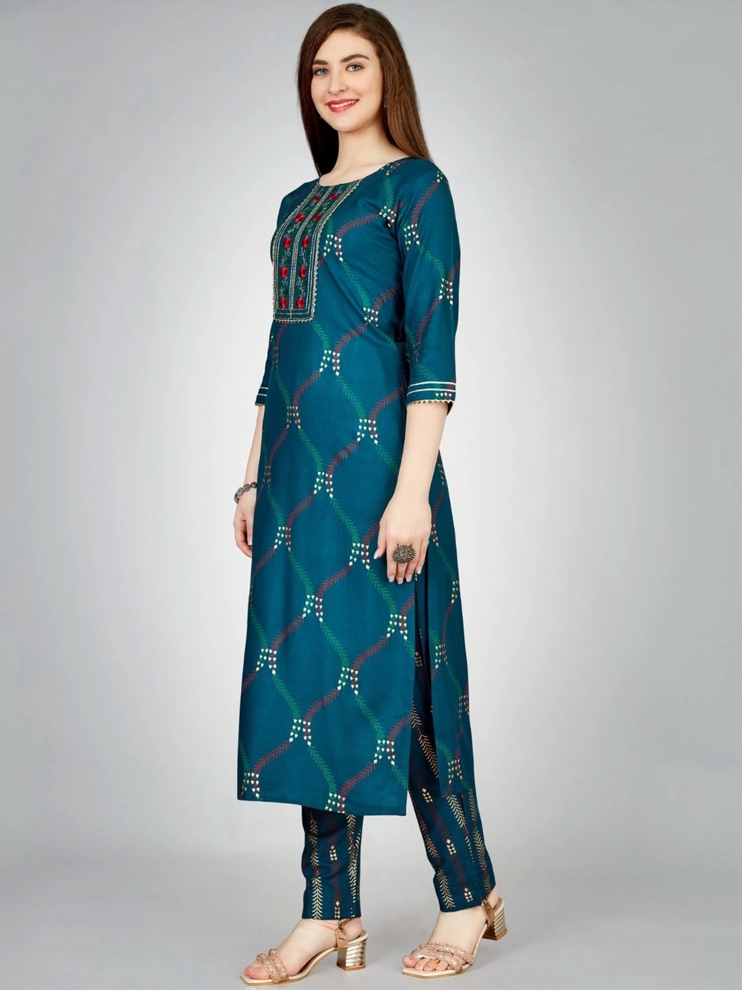 Odette Blue Embroidered Kurta Pant Set