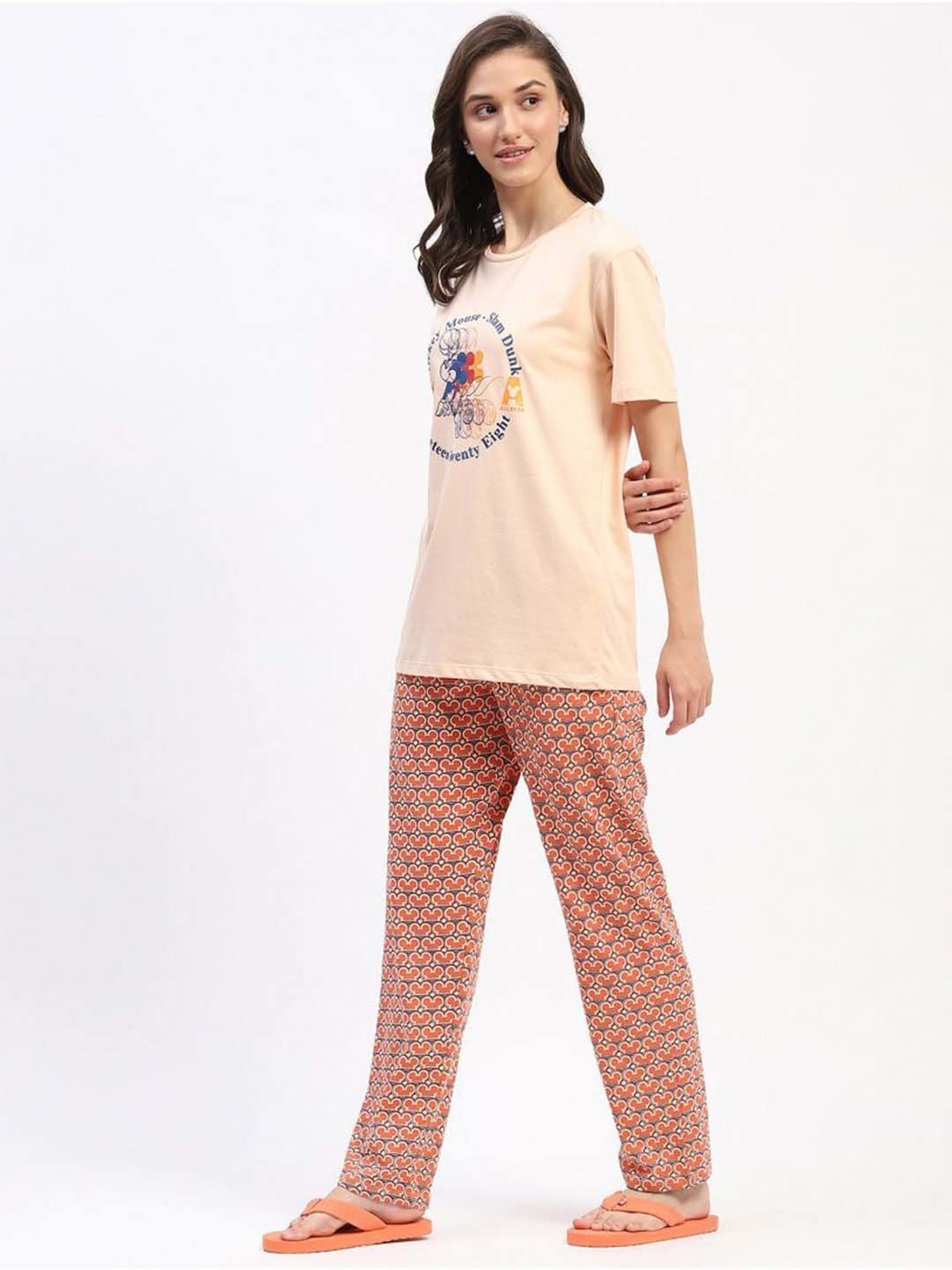 MADAME M Secret Peach Cotton Printed T-Shirt Pyjamas Set