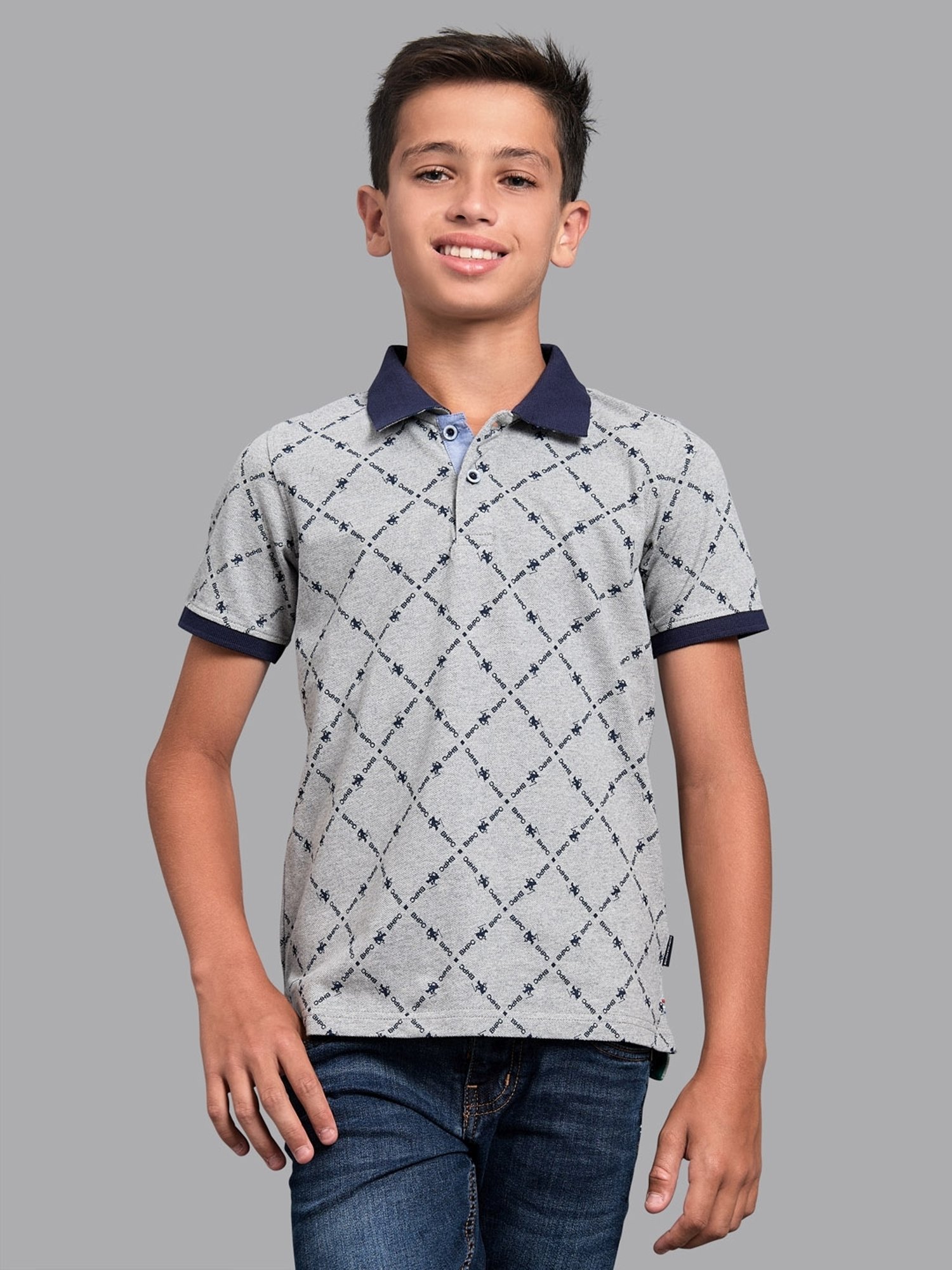 Beverly Hills Polo Club Kids Grey Cotton Printed Polo T-Shirt