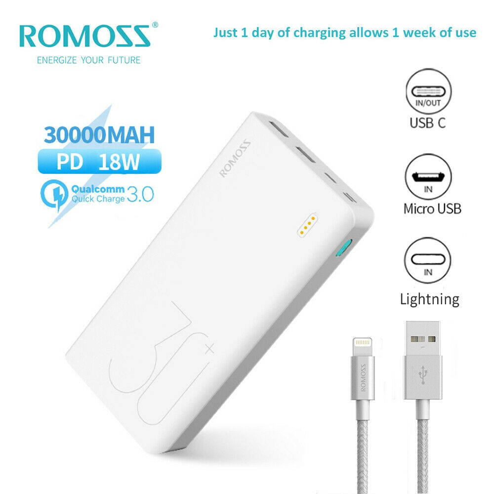 18W PD 30000mAh Portable Power Bank Type-C QC3.0 Charger + Lightning Cord