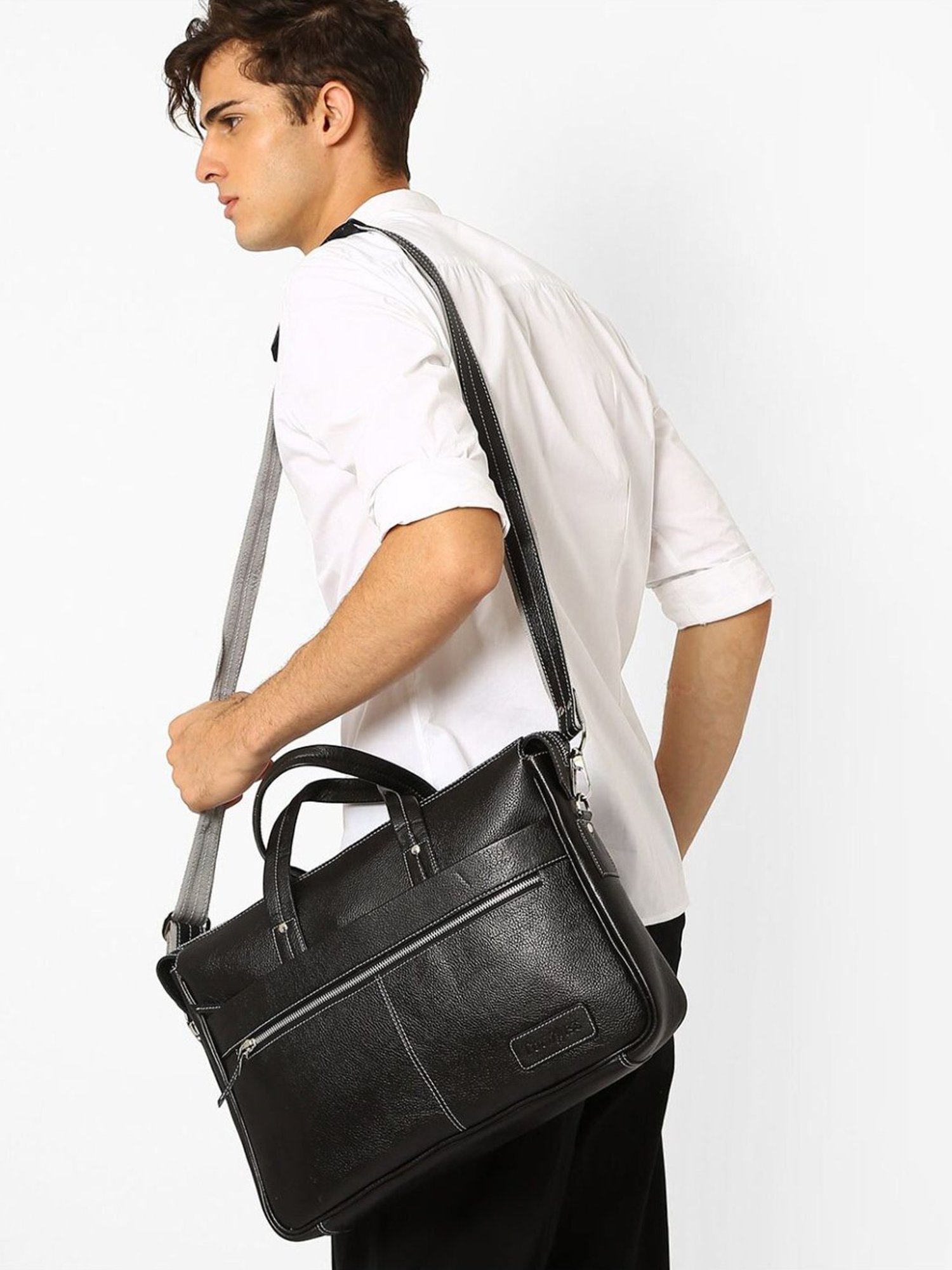 Tortoise Work Edition Basilio Black Leather Medium Laptop Messenger Bag
