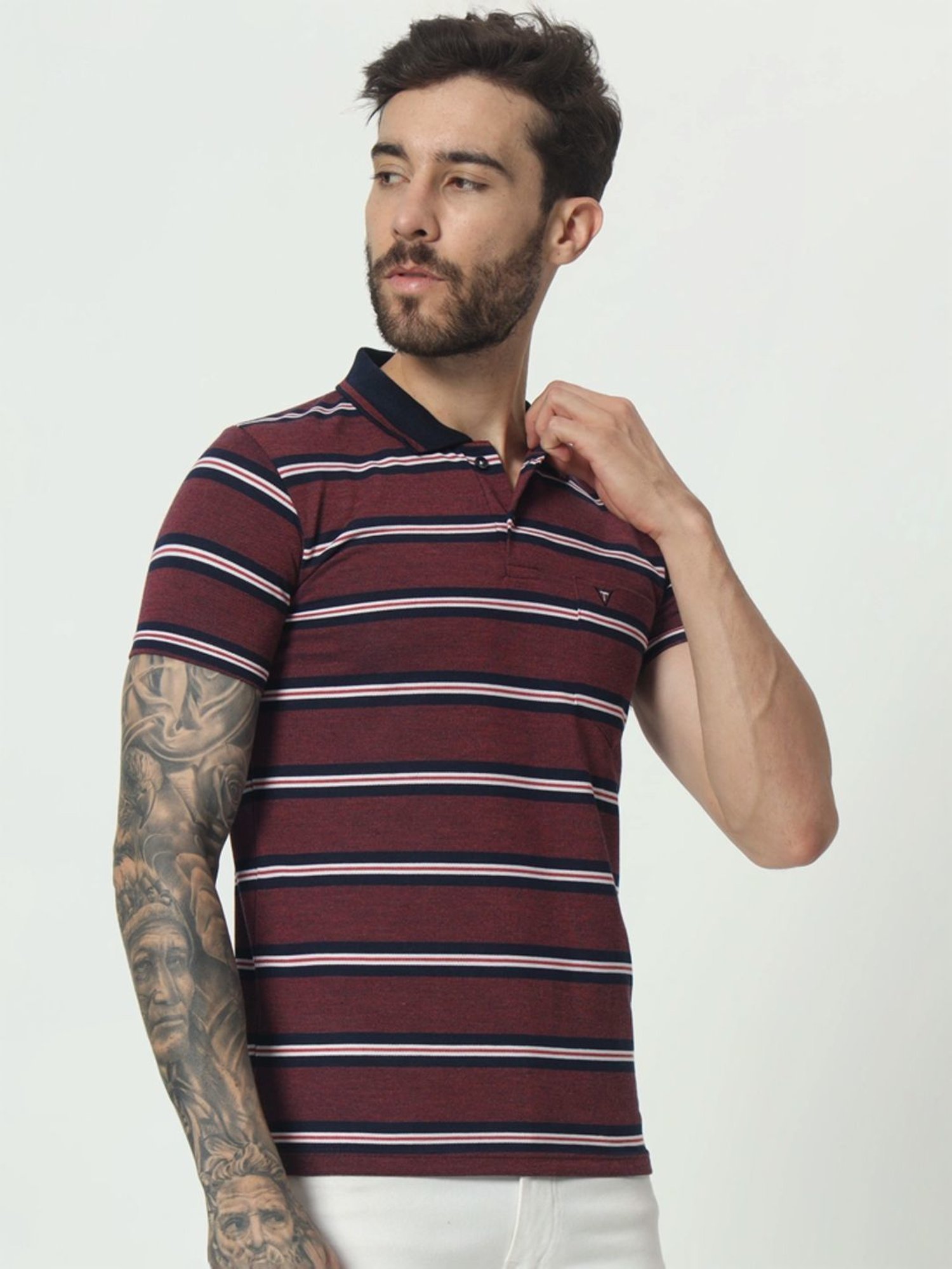 Tab91 Red Regular Fit Striped Polo T-Shirts