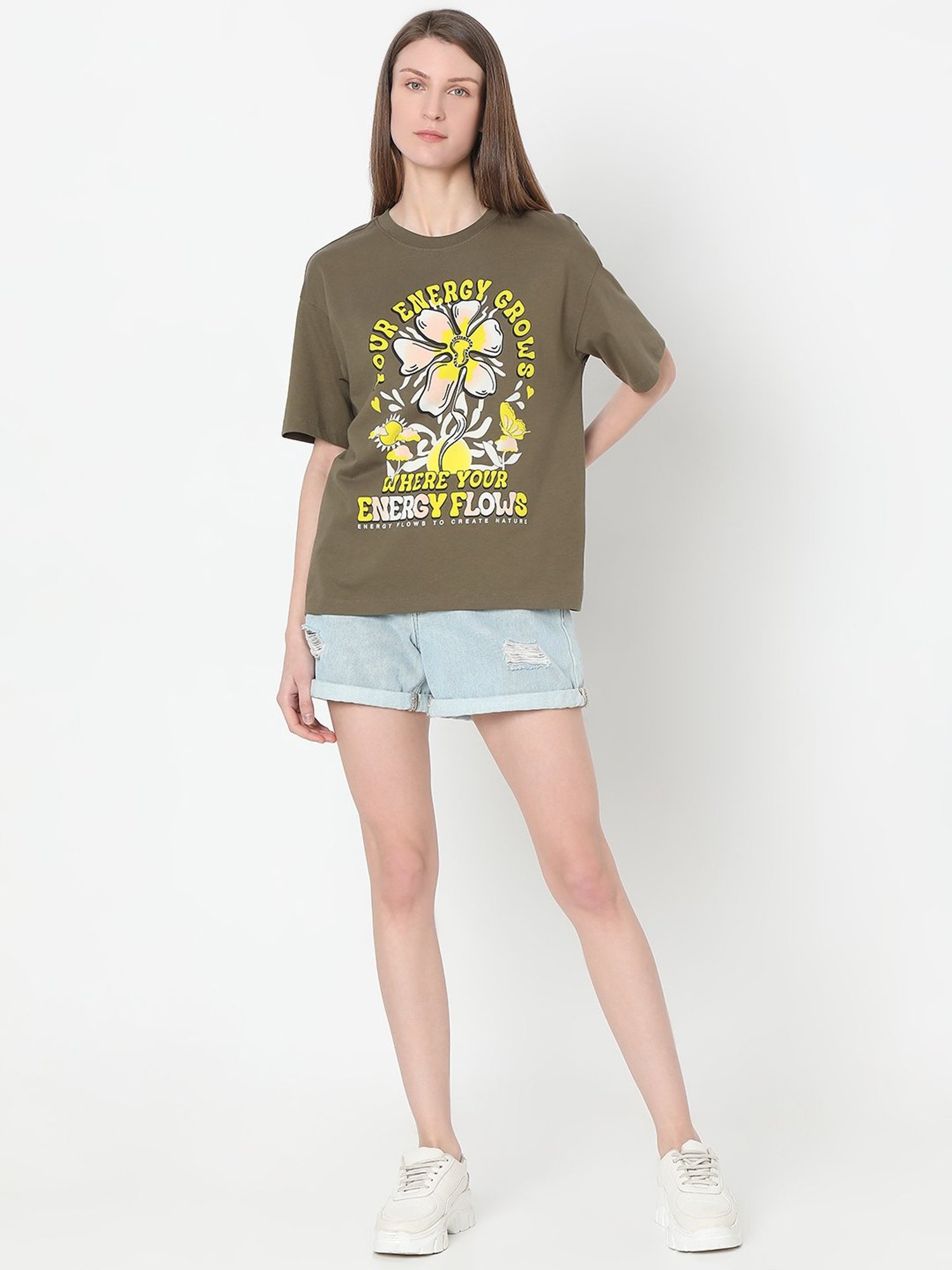 Vero Moda Green Cotton Graphic Print T-Shirt