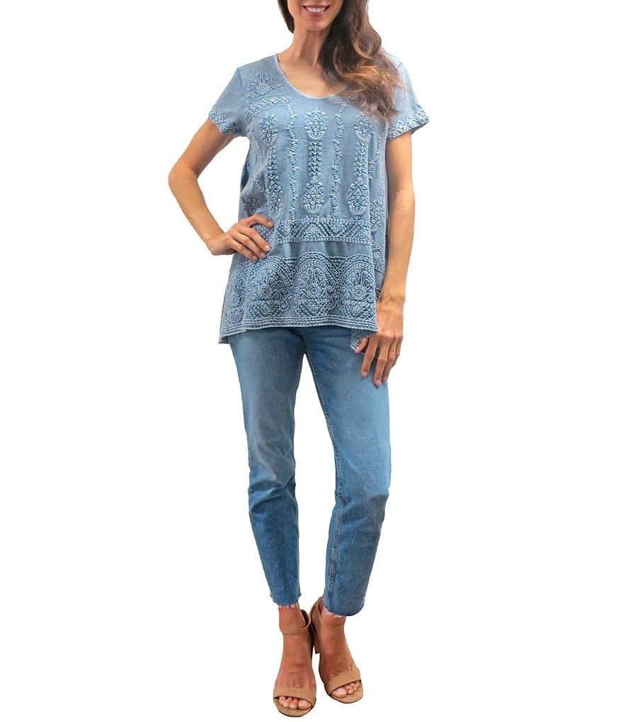 Karyn Seo Kiana Vintage Tonal Embroidered Cotton Scoop Neck Tunic Tee