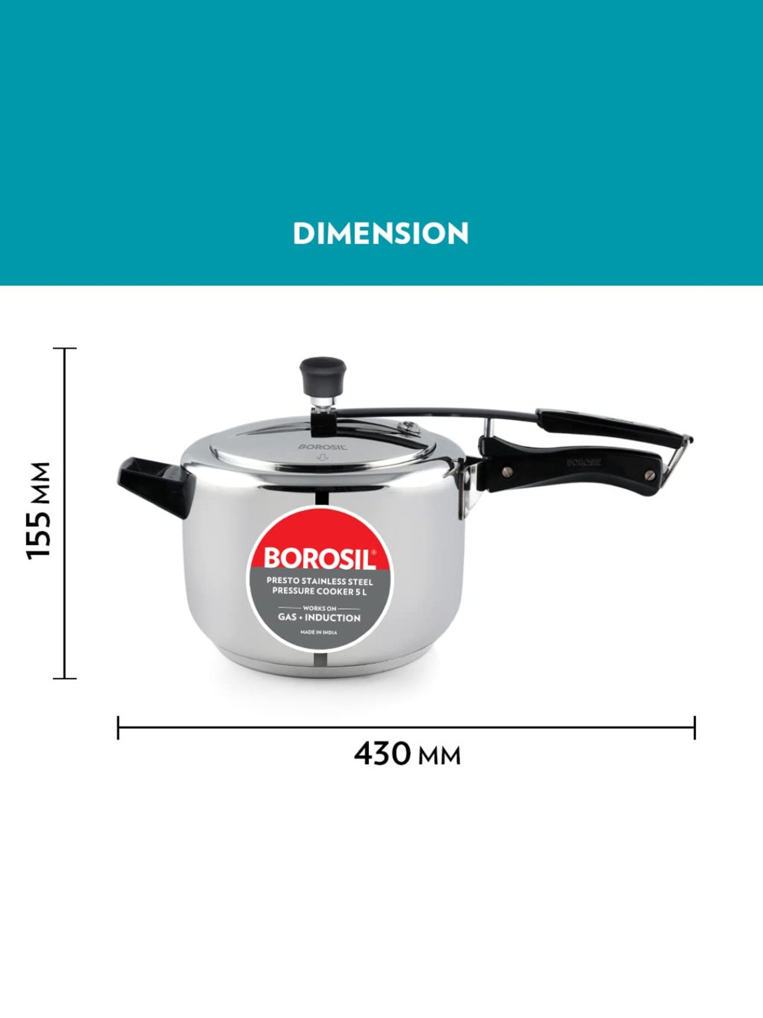 Borosil Presto Pressure Cooker with Induction Base Stainless Steel Inner Lid (Silver,5L)