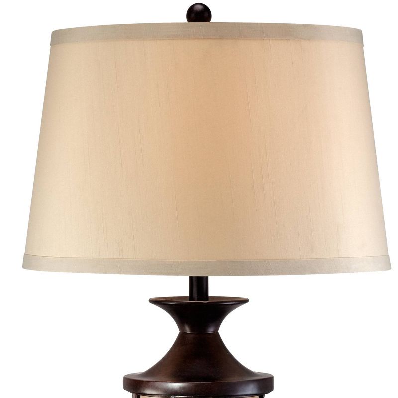 John Timberland Traditional Table Lamps Set of 2 with Nightlight Lantern Brushed Iron Cage Beige Fabric Shade for Living Room