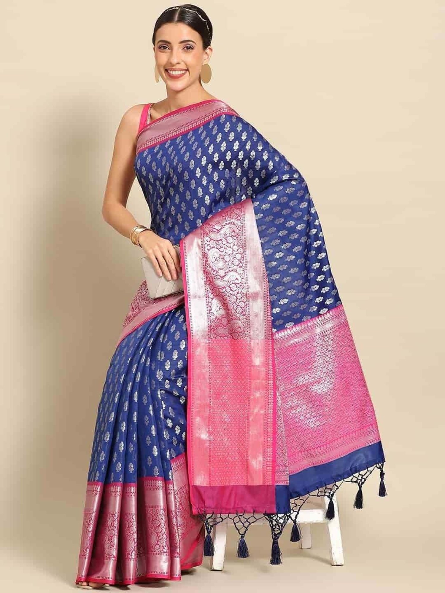 Silk Land Navy & Pink Woven Saree With Unstitched Blouse