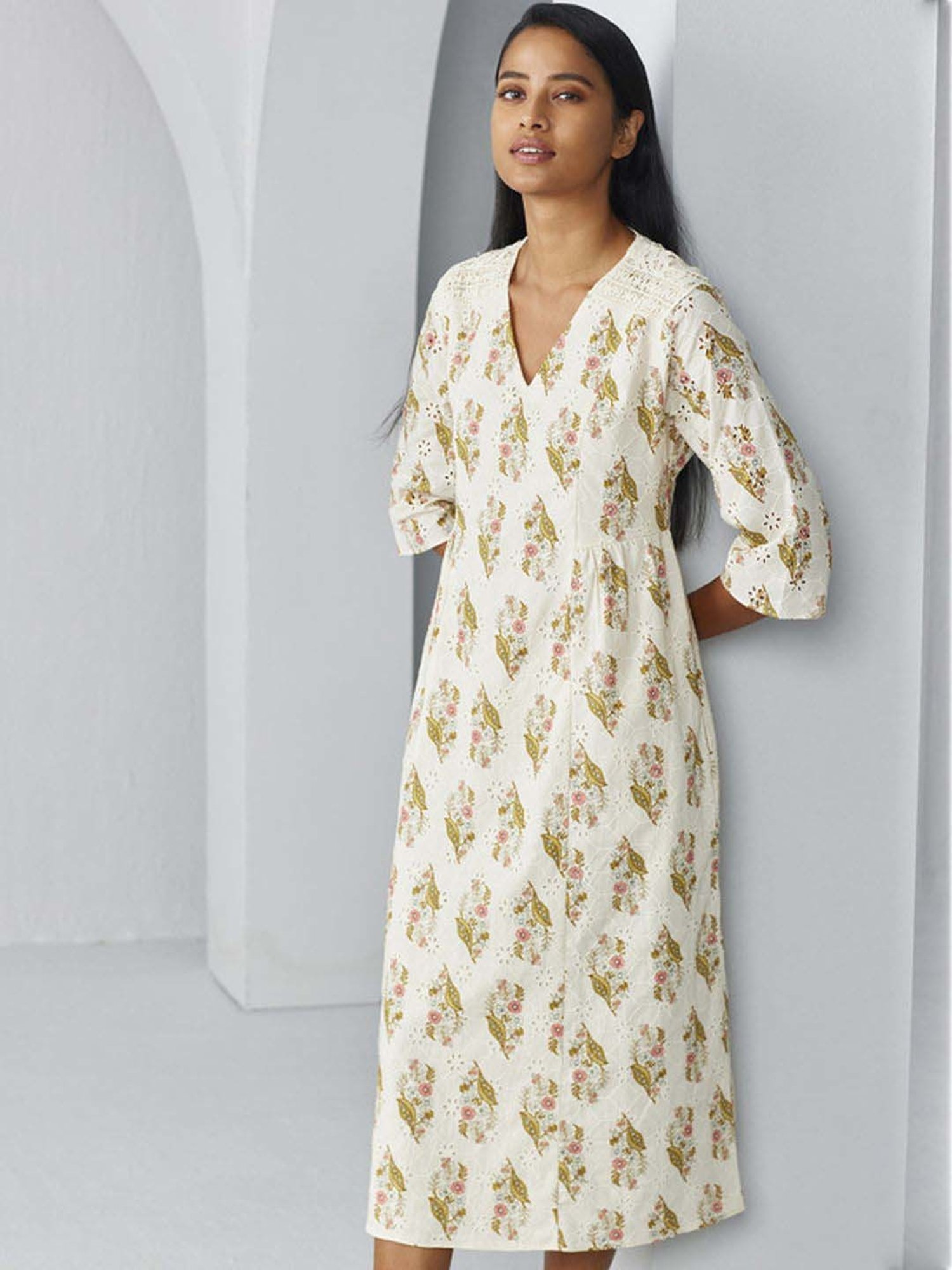 Ancestry White Cotton Embroidered A-Line Dress