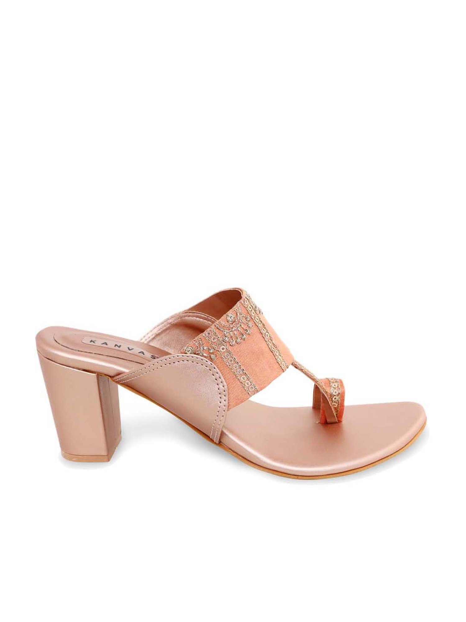 KANVAS Women's Desi Embroidery Peach Toe Ring Sandals