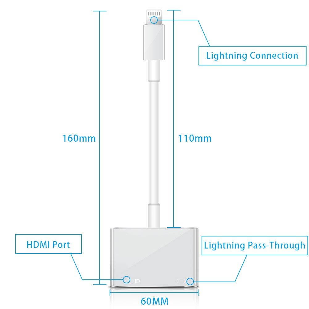 Lighting to HDMI Adapter Cable, Lightning Digital AV Adapter for iPhone X/8/7/6/5 Series, Pad Air/mini/Pro, HDTV Adapter 1080P (Support IOS 11 - Lightning port must be connected)
