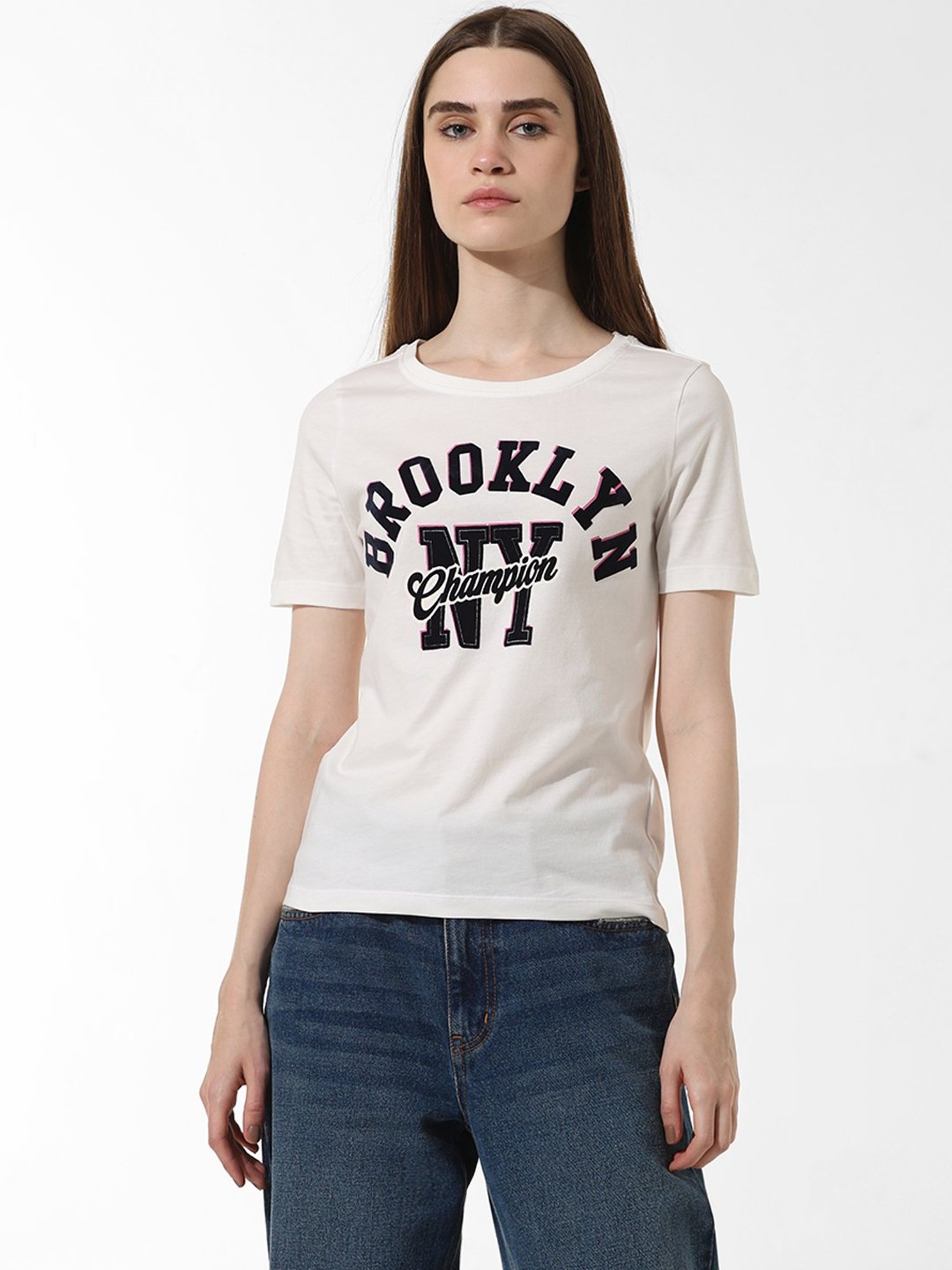 Only White & Black Cotton Graphic Print T-Shirt