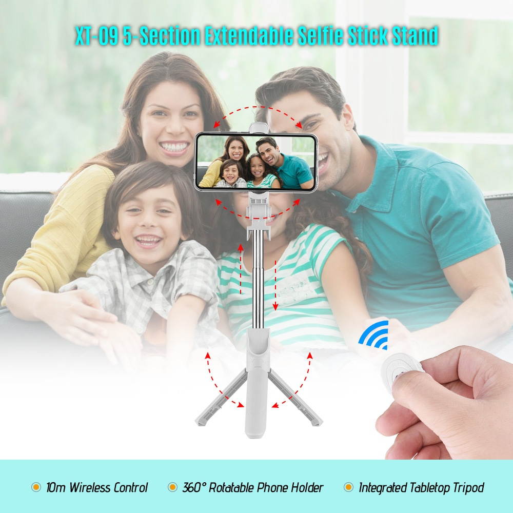 5-Section Extendable Selfie Stick Integrated Universal Phone Holder Tabletop Tripod with BT Remote Controller 10m Wireless Control for iPhone Samsung Huawei Xiaomi Phones