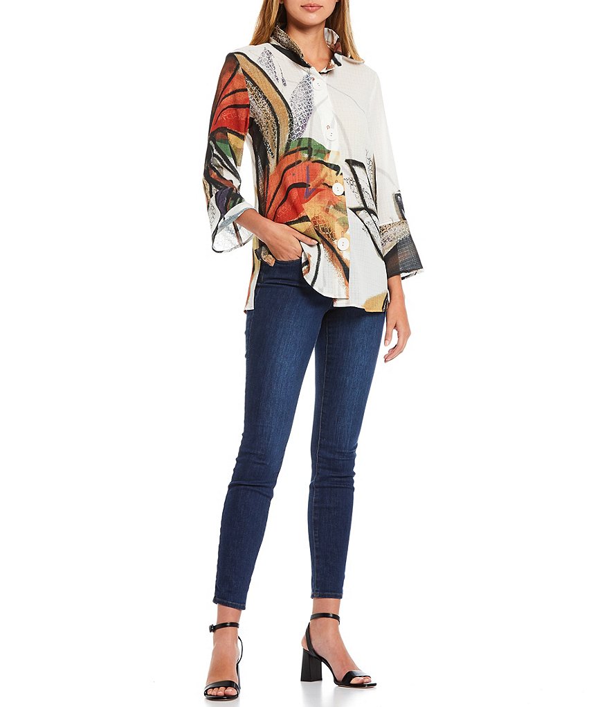 Ali Miles Petite Size Abstract Floral Print Button Front Floral Wire Neck 3/4 Bell Sleeve Jacket