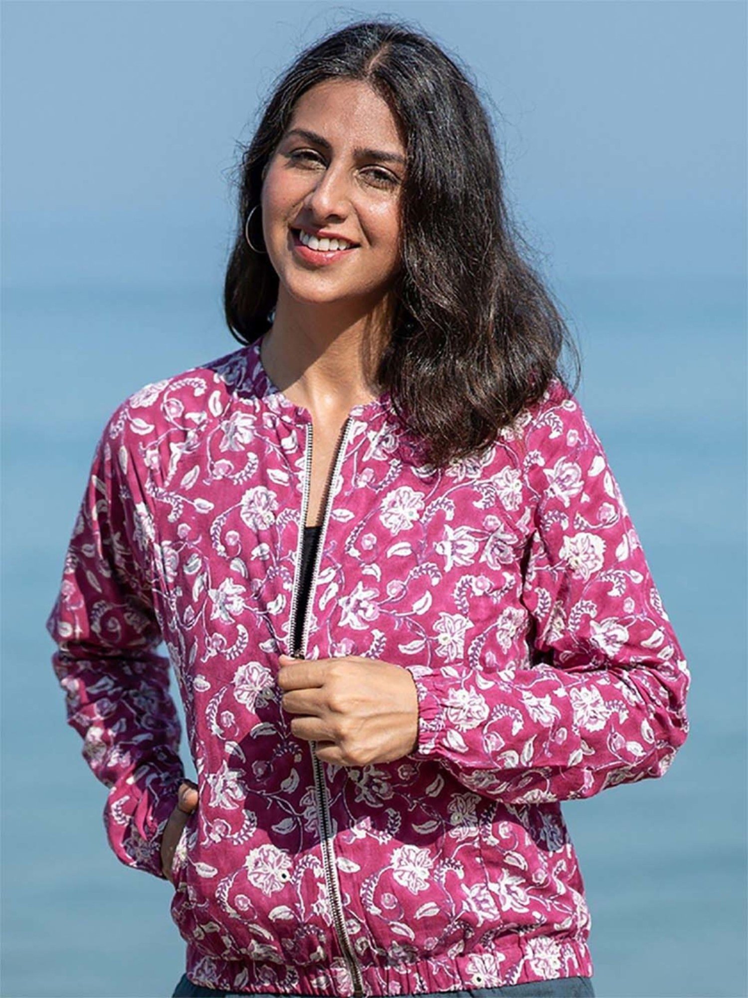 Okhai Peace Lily Purple Pure Cotton Hand Embroidered Bomber Jacket