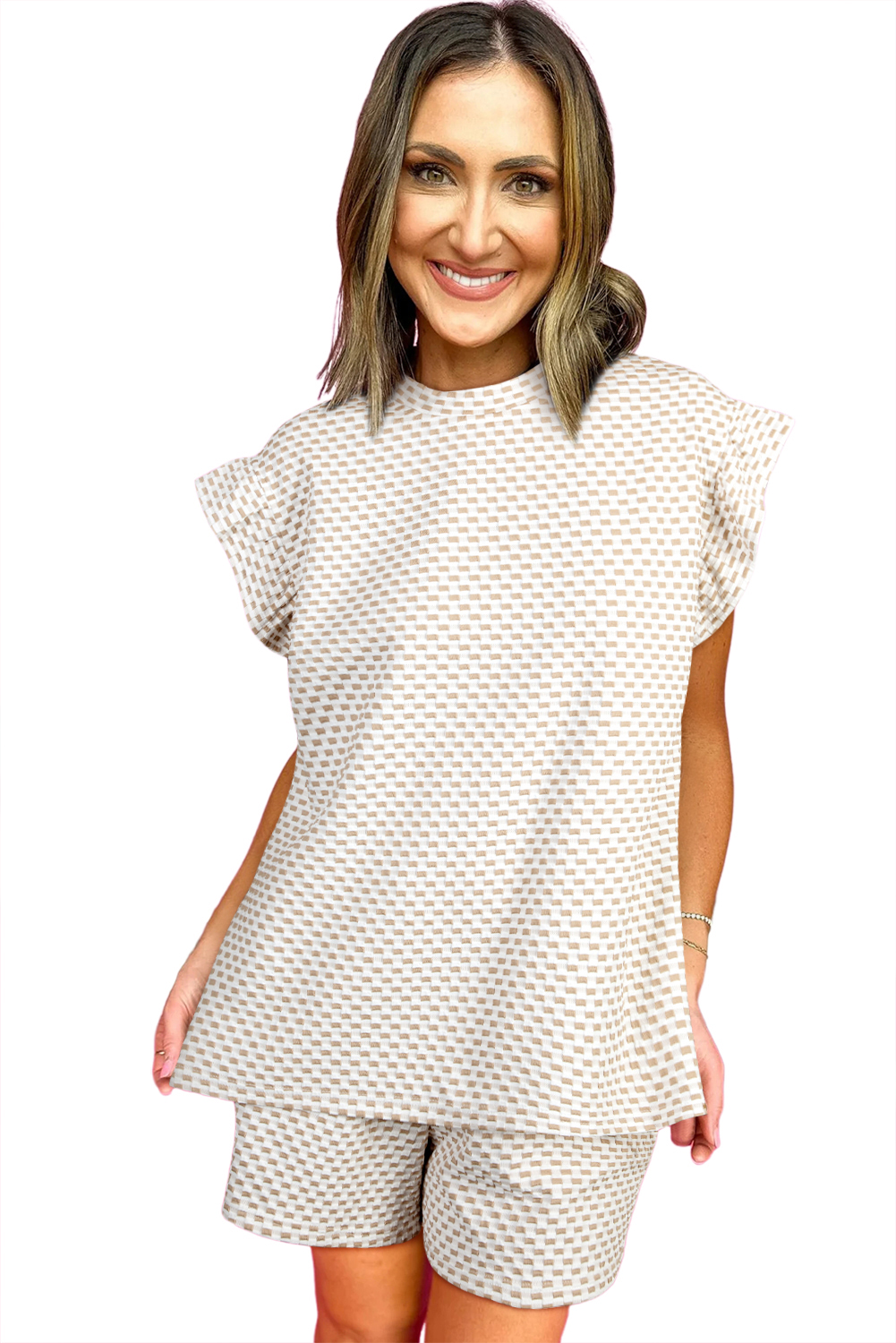 Skobeloff Textured Ruffle Split Top and Drawstring Shorts Set