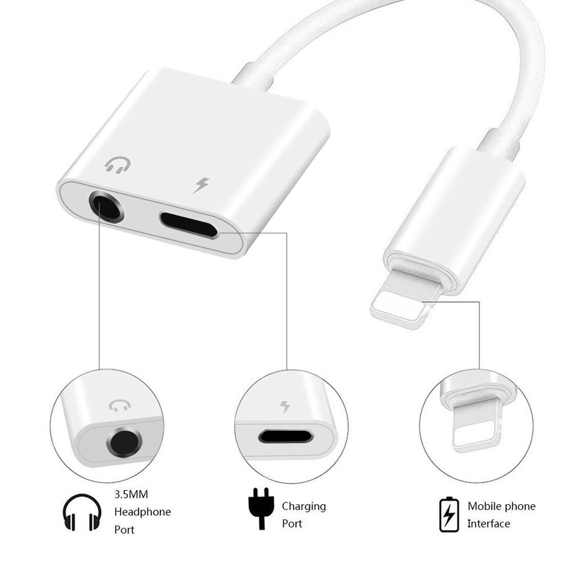 Headphone Adapter for iPhone Charger Jack AUX Audio 3.5 mm Jack Adapter for iPhone Adapter Compatible for iPhone 7/7Plus/8/8Plus/11/X/XR/XS/XS MAX Dongle Accessory Connector Compatible All iOS Systems