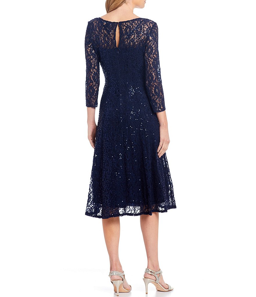 Ignite Evenings Petite Size Round Neck 3/4 Sleeve Tea Length Sequin Lace Dress