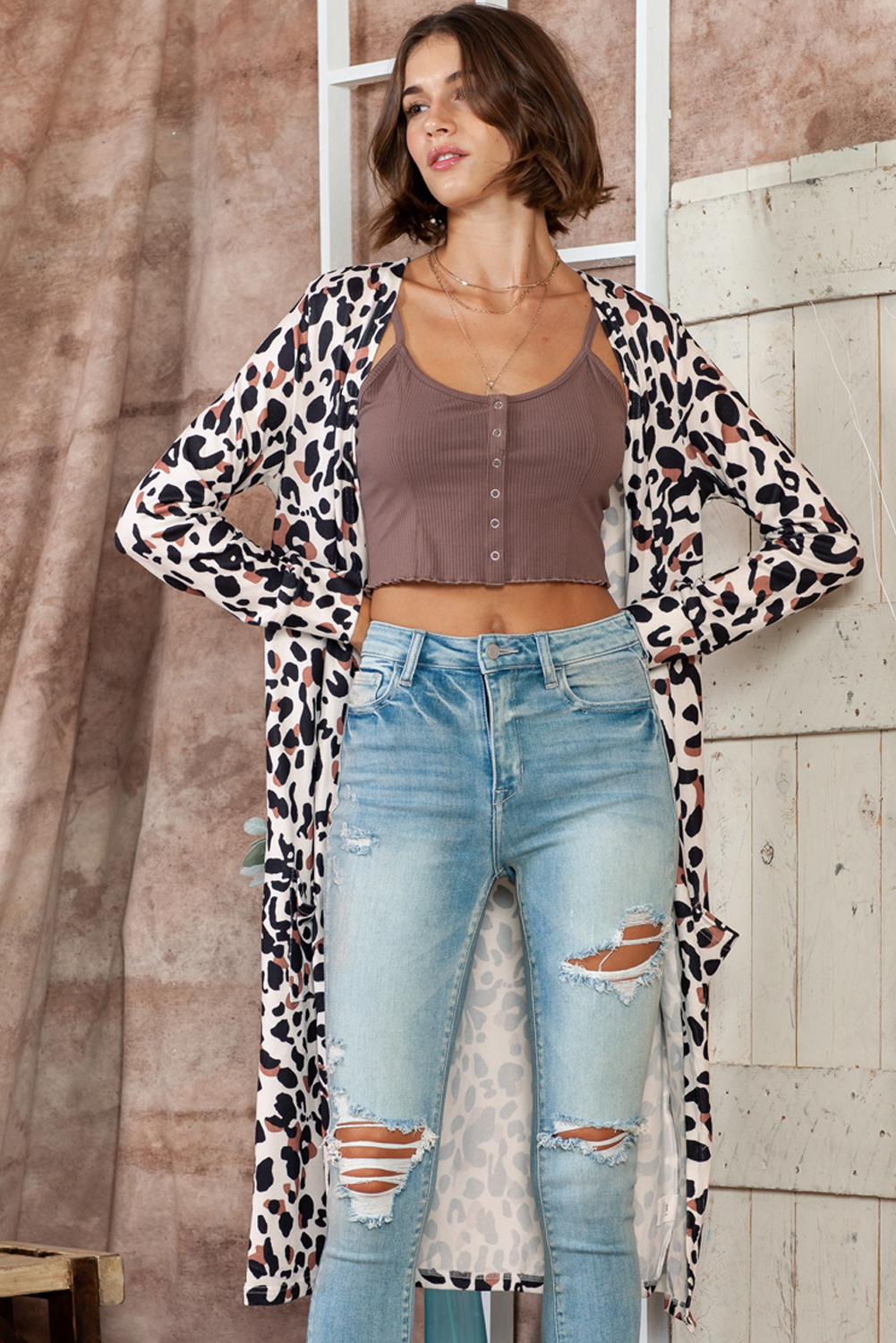 Leopard Side Pocket Open Front Duster Cardigan