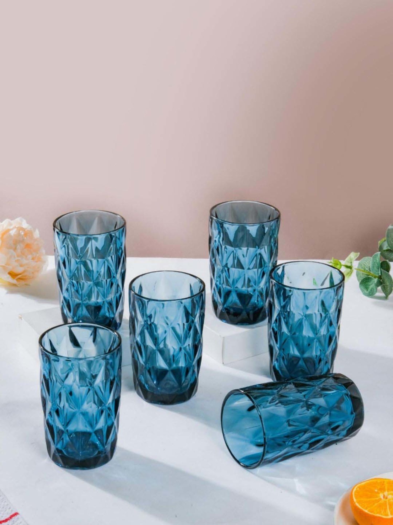 Nestasia high quality geometric design Crystal Blue large tumbler drinkware (Set of 6, each 350 ml)