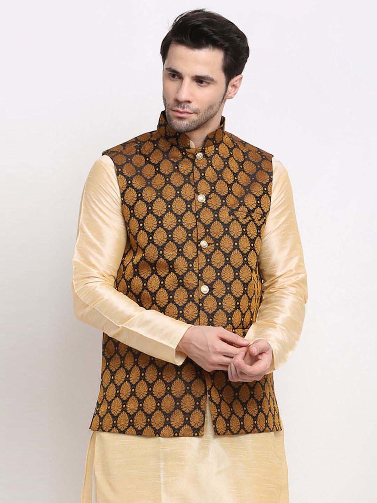 Jompers Black & Gold Regular Fit Embroidered Nehru Jacket