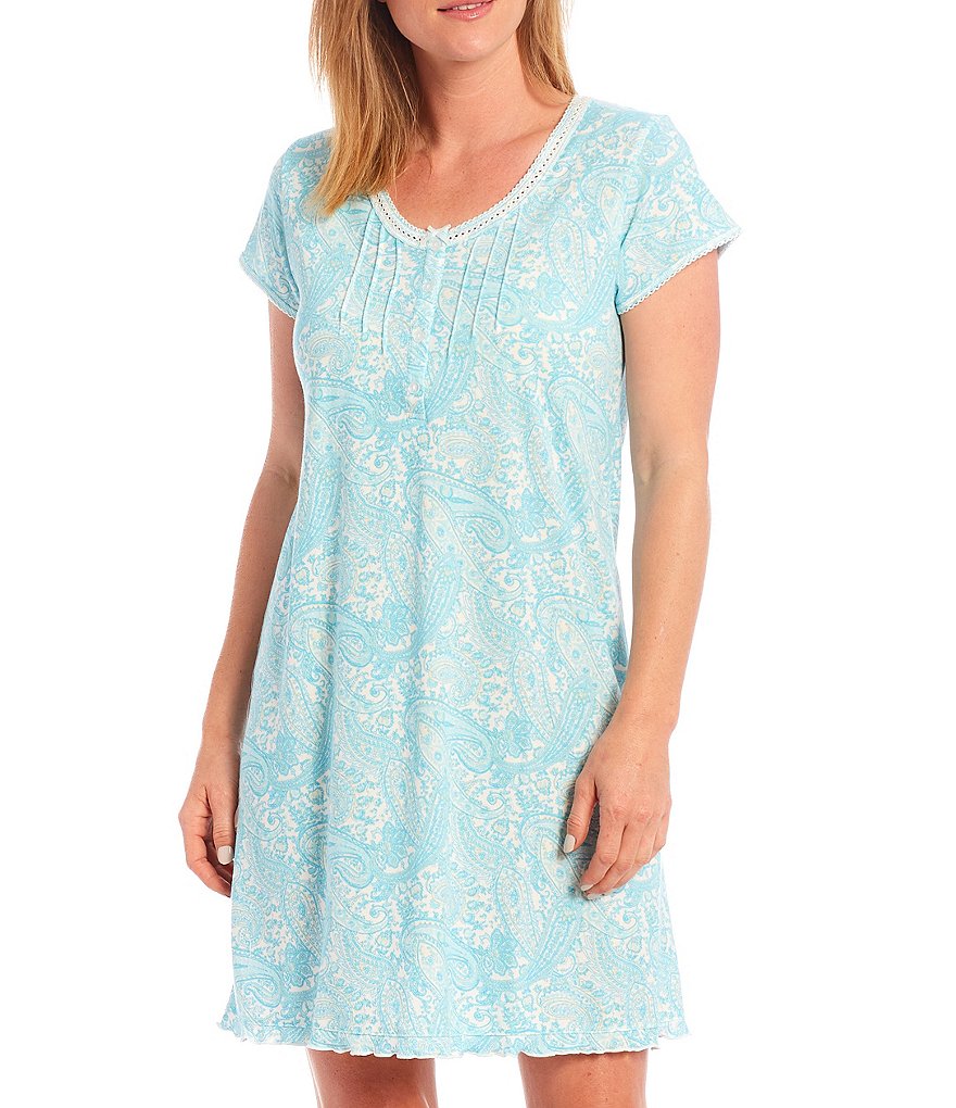 Miss Elaine Petite Silky Knit Square Neck Short Sleeve Checked Print Short Nightgown