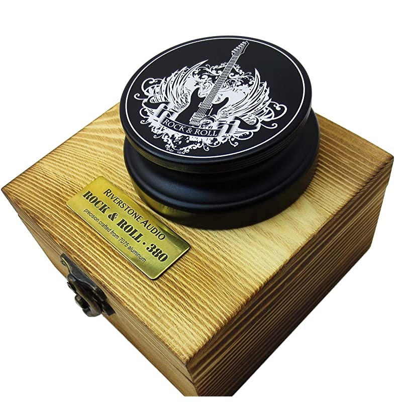 Rock & Roll Series 380 Record Weight Turntable Stabilizer (380 g) - Anodized Aluminum - Laser Engraved Surface - R&R Guitar - Color: (Aztec Gold)
