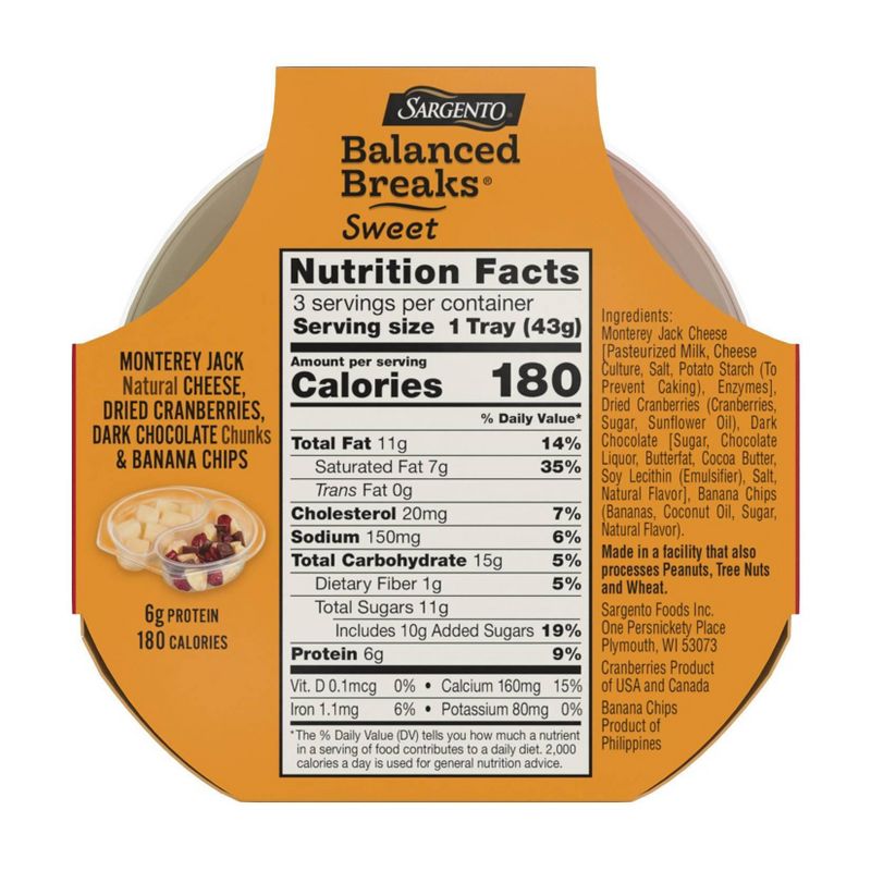 Sargento Sweet Balanced Breaks Monterey Jack Cheese, Dried Cranberries, Dark Chocolate & Banana Chips - 3pk