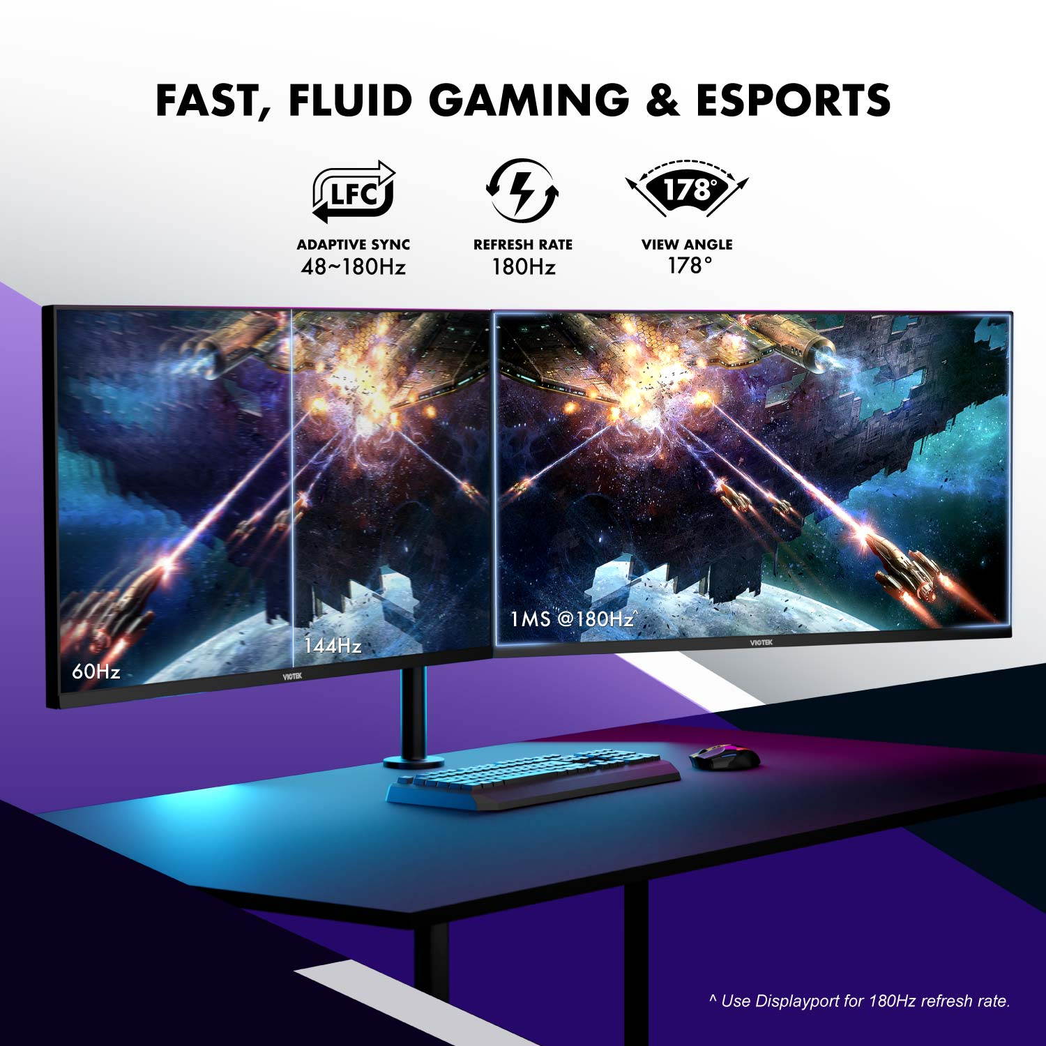 VIOTEK GFI27DBXA 27 Inch 180Hz QHD 1440p 1ms Gaming Monitor with HDR, G-SYNC / FreeSync Compatible, HDMI 2.0, DisplayPort 1.4, VESA, 141% sRGB & over 1 Billion Colors &ndash; 3 Years Zero Dead Pixels