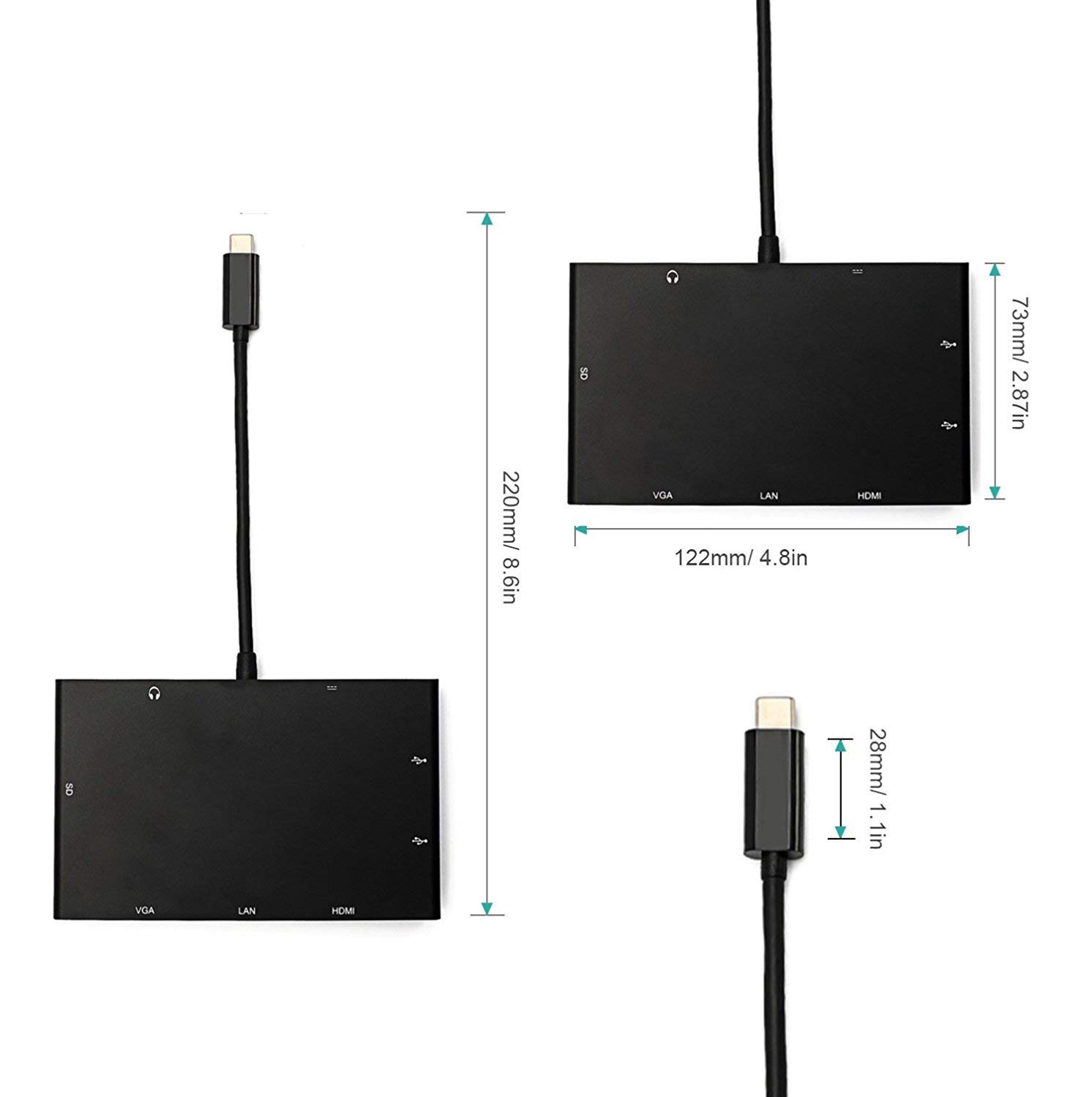 8in1 Type-C HUB with 4K HDMI VGA  1000M LAN  SD  2 x USB3.0  PD + 3.5mm Audio Adapter, Support 4K Video and Audio, Gigabit Ethernet, SD Card Reader, USB-C PD 60W Quick Charging and USB 3.0 HUB.