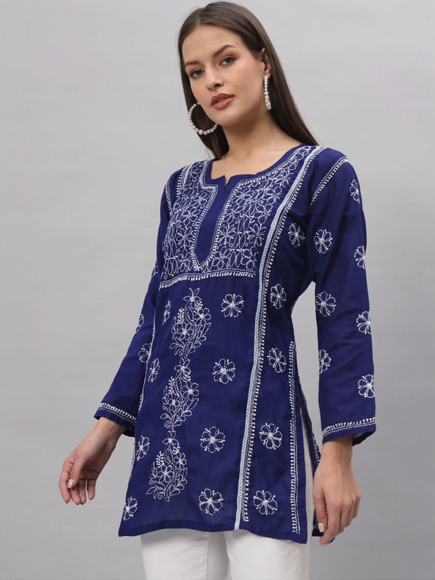 PARAMOUNT CHIKAN Royal Blue Cotton Hand Embroidered Chikankari Straight Kurti