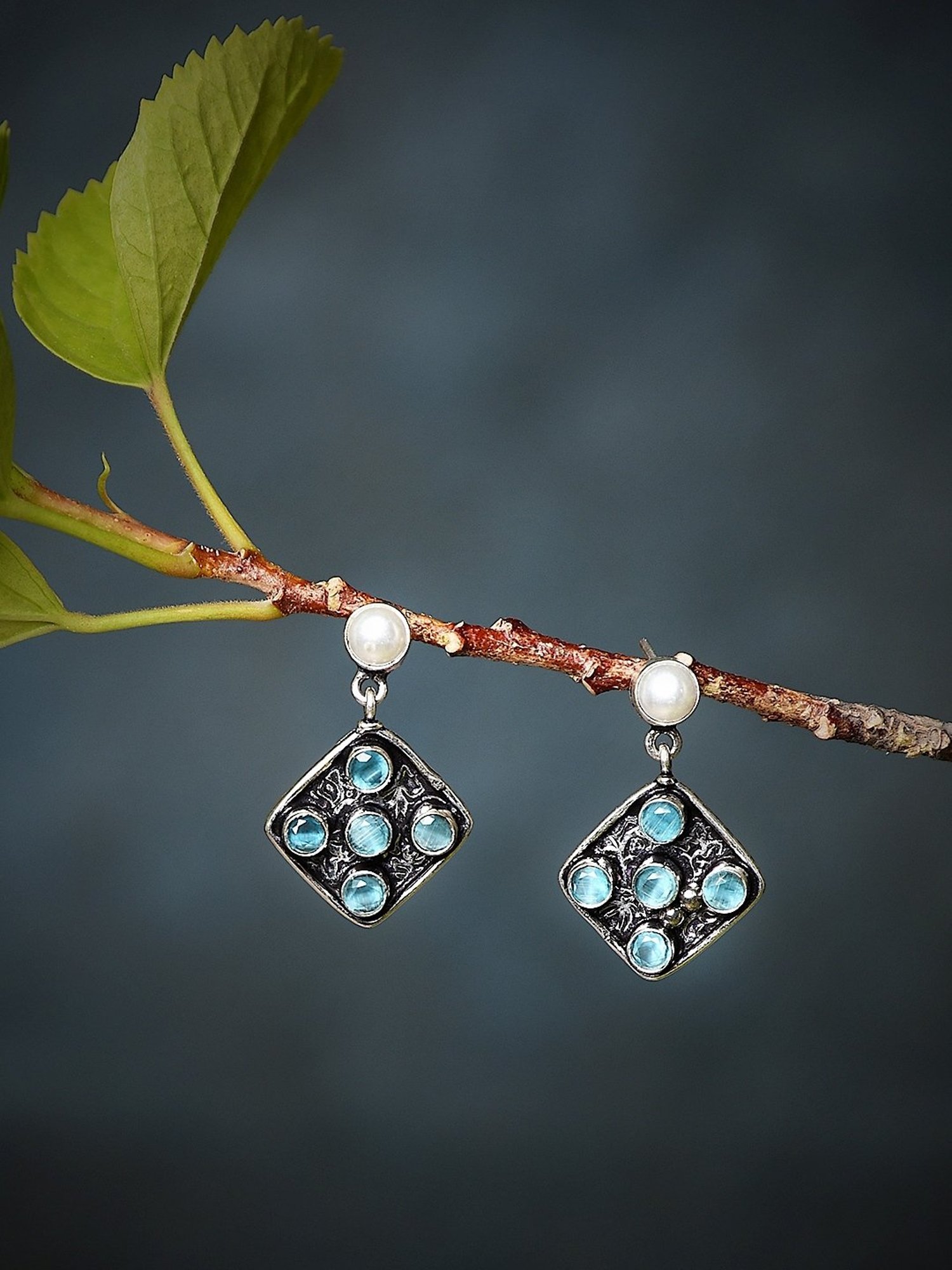 Imli Street Blue-White Silver Tone Stone-Studded Handcrafted Dangler Earrings