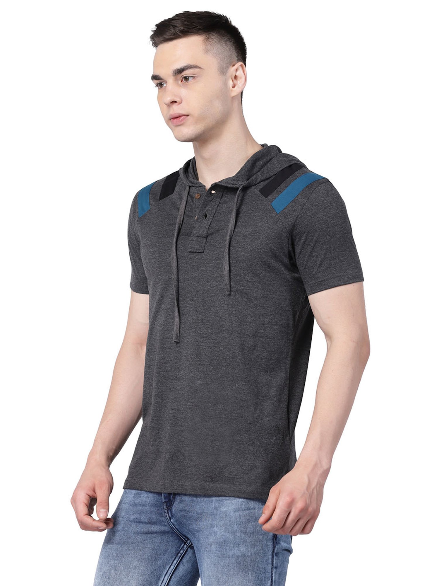 Kalt Dark Grey Melange Regular Fit Striped Hooded T-Shirt