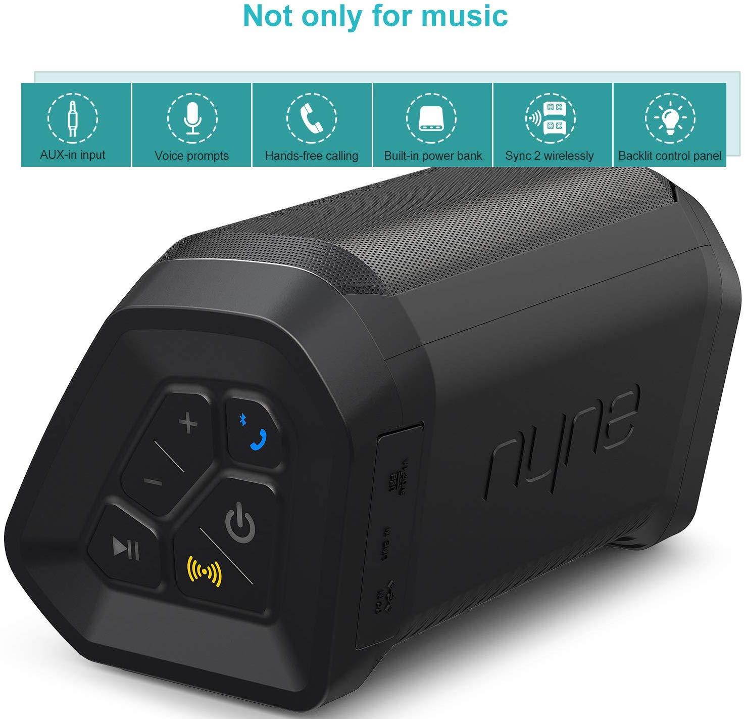 NYNE Punch Portable Wireless Bluetooth Speakers 4.2 Waterproof IP67, 20 Hours Play-time, 100 ft Range,Stereo Pairing, Durable and Loud Speakers Compatible iPhone/Samsung, Outdoor/Beach/Travel,Black