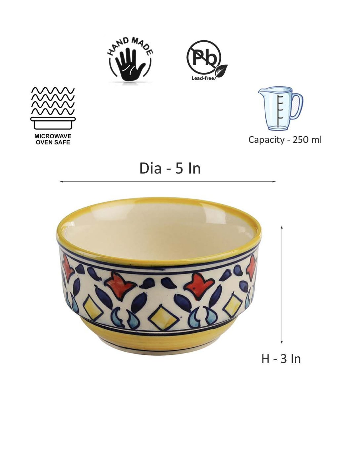 VarEesha Rangriti Yellow Ceramic Soup Bowls (250 ml) - Set of 4