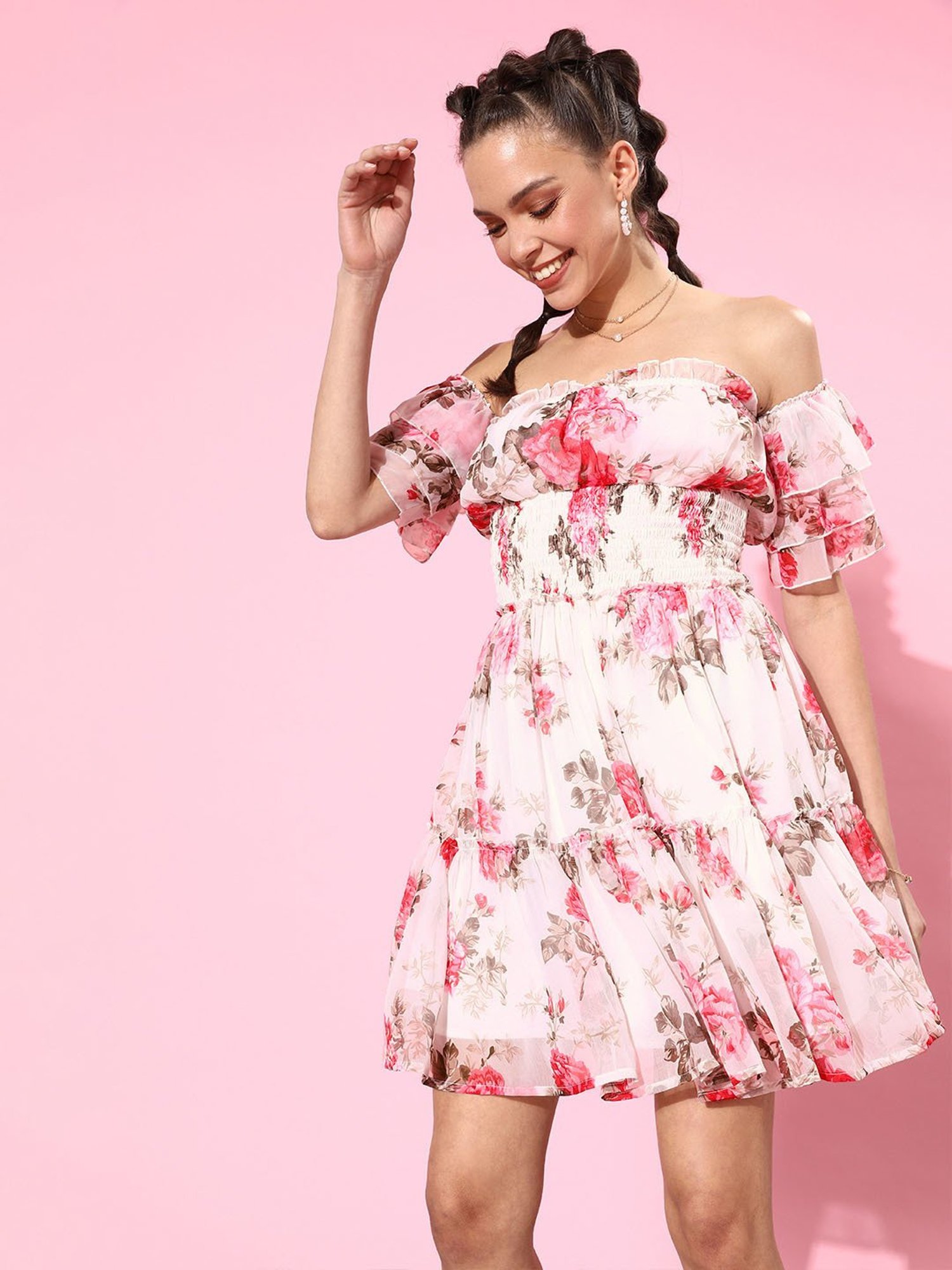 QUIERO White & Pink Floral Print Fit & Flare Dress