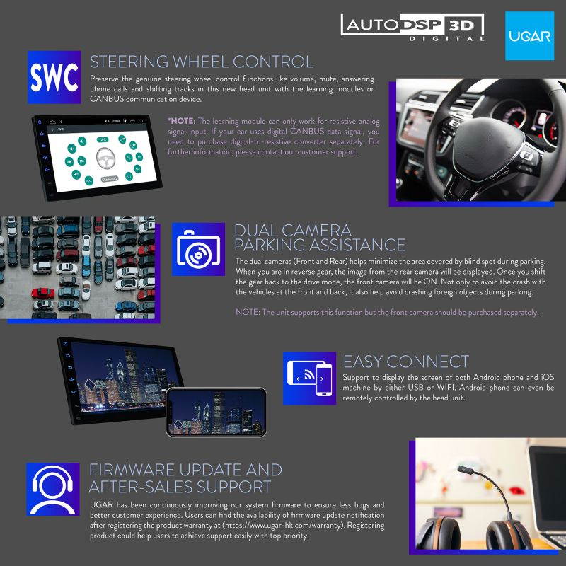 UGAR EX10-DSP 7" Android 10.0 Car Stereo 2GB 16GB with Front & Rear View Camera Head Unit Bluetooth WiFi Double Din Radio Car Audio Indash GPS Navigation Touch Screen