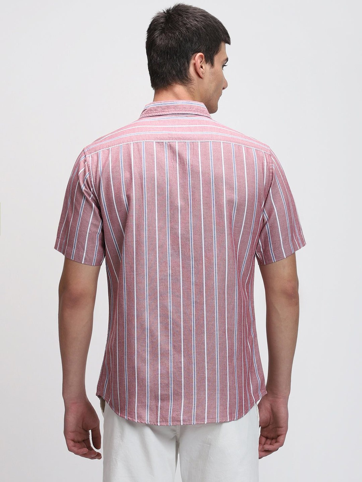 Dennis Lingo Maroon Cotton Slim Fit Striped Shirt