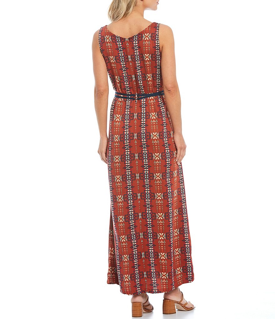 Pendleton V-Neck Sleeveless Geo Pattern Belted Maxi Dress