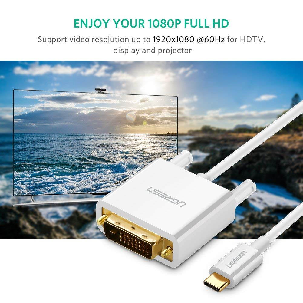 UGREEN USB C to DVI Cable, USB Type C to DVI D 24+1 Adapter Cable with 1080P FHD Thunderbolt 3 Compatible for Apple MacBook Pro, Samsung S9 S8 Plus Note 8, LG G5 G6, HTC 10, Nexus 5X 6P, Google Pixel