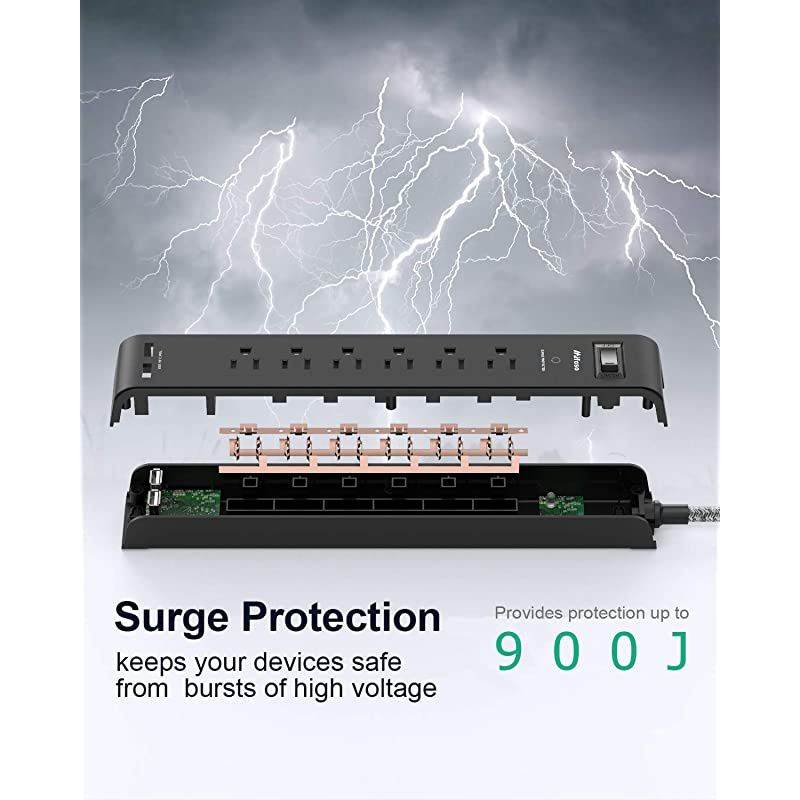 Pack Surge Protector Power Strip with 6 Outlets USB Ports 5Foot Long HeavyDuty Braided Extension Cords Flat Plug 900 Joules 15A Circuit Breaker Wall Mount for Home Office