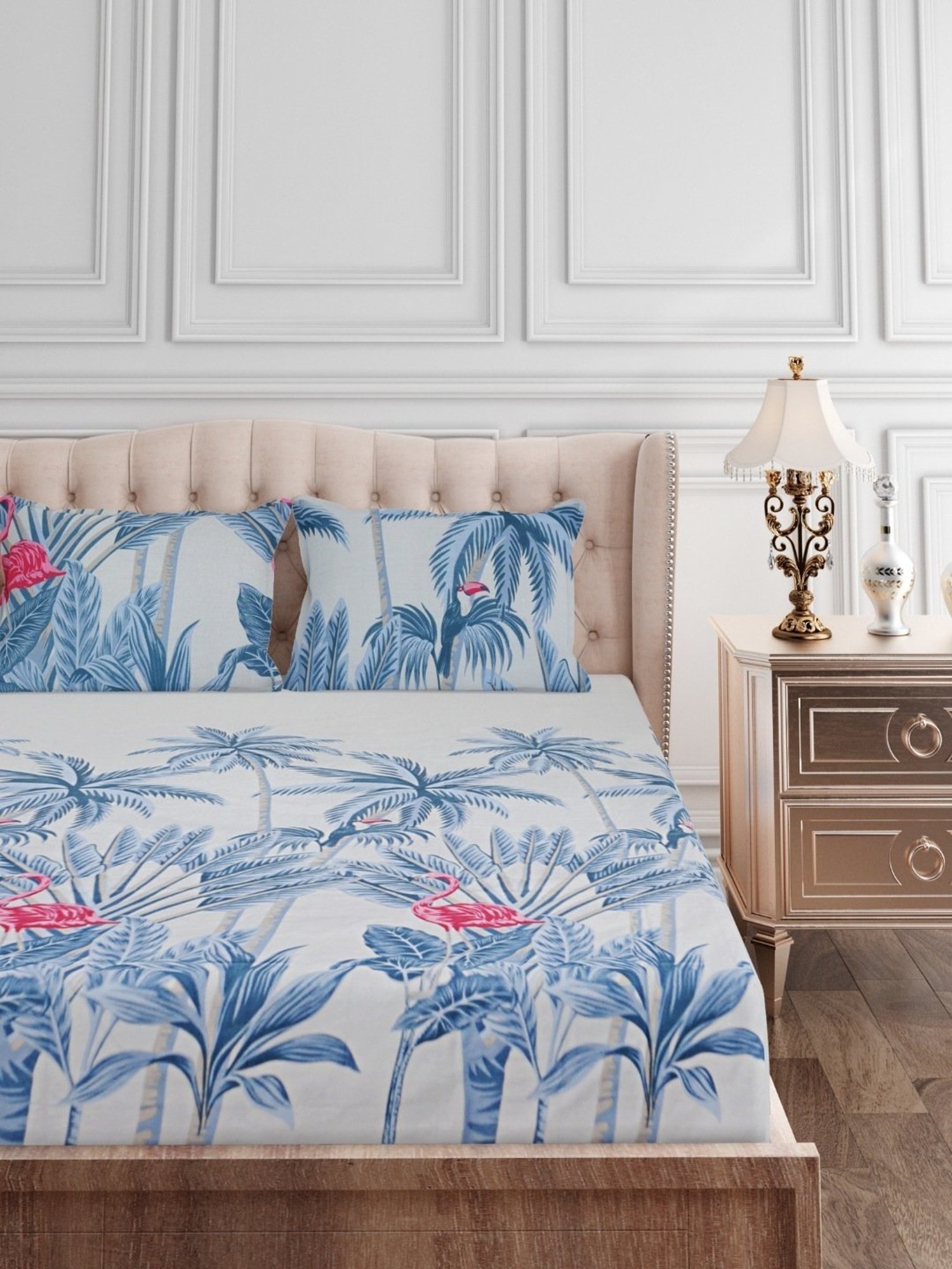 SEJ by Nisha Gupta Abstract Blue 160 TC Cotton King Bed Sheet with 2 Pillow Covers