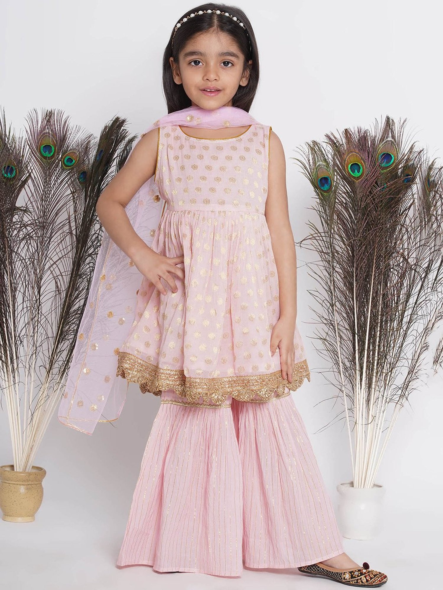 Little Bansi Kids Light Pink Floral Print Kurta, Sharara, with Dupatta