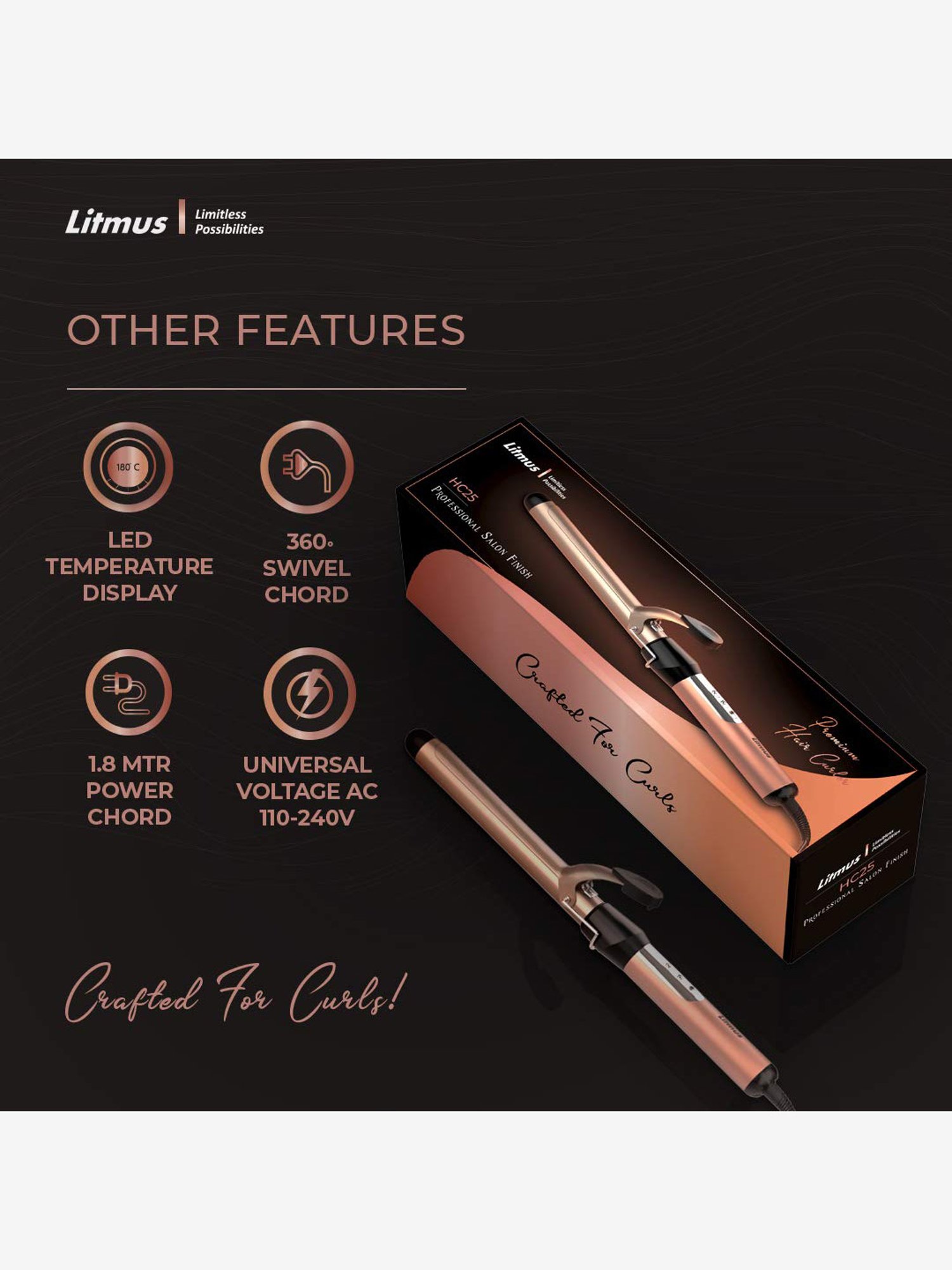 Litmus HC25 Professional Hair Curler (Black/Bronze)
